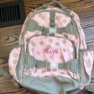 Pottery Barn Girl backpack Pink with gold glitter polka dots name “Maya”
